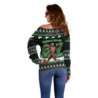 Funny Bigfoot 67 Six Seven Christmas Off Shoulder Sweater Squatching Through The Snow - Wonder Print Shop