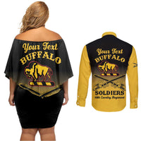 Personalised Buffalo Soldiers Couples Matching Off Shoulder Short Dress and Long Sleeve Button Shirt 10th Cavalry Regiment - Wonder Print Shop