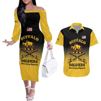 Personalised Buffalo Soldiers Couples Matching Off The Shoulder Long Sleeve Dress and Hawaiian Shirt 10th Cavalry Regiment - Wonder Print Shop