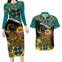 Personalised Mozambique Couples Matching Long Sleeve Bodycon Dress and Hawaiian Shirt African Elephant With Coat Of Arms - Wonder Print Shop