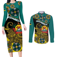 Personalised Mozambique Couples Matching Long Sleeve Bodycon Dress and Long Sleeve Button Shirt African Elephant With Coat Of Arms - Wonder Print Shop
