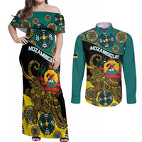 Personalised Mozambique Couples Matching Off Shoulder Maxi Dress and Long Sleeve Button Shirt African Elephant With Coat Of Arms - Wonder Print Shop
