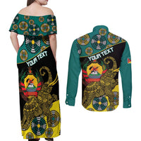 Personalised Mozambique Couples Matching Off Shoulder Maxi Dress and Long Sleeve Button Shirt African Elephant With Coat Of Arms - Wonder Print Shop