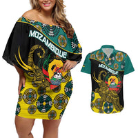 Personalised Mozambique Couples Matching Off Shoulder Short Dress and Hawaiian Shirt African Elephant With Coat Of Arms - Wonder Print Shop