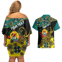 Personalised Mozambique Couples Matching Off Shoulder Short Dress and Hawaiian Shirt African Elephant With Coat Of Arms - Wonder Print Shop