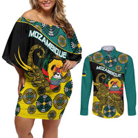 Personalised Mozambique Couples Matching Off Shoulder Short Dress and Long Sleeve Button Shirt African Elephant With Coat Of Arms - Wonder Print Shop