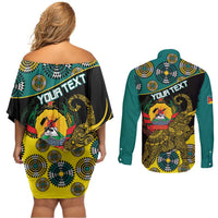 Personalised Mozambique Couples Matching Off Shoulder Short Dress and Long Sleeve Button Shirt African Elephant With Coat Of Arms - Wonder Print Shop