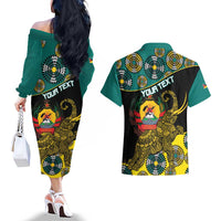 Personalised Mozambique Couples Matching Off The Shoulder Long Sleeve Dress and Hawaiian Shirt African Elephant With Coat Of Arms - Wonder Print Shop