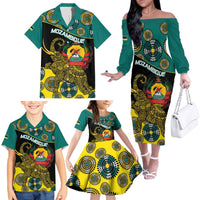 Personalised Mozambique Family Matching Off The Shoulder Long Sleeve Dress and Hawaiian Shirt African Elephant With Coat Of Arms - Wonder Print Shop