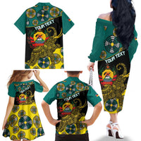 Personalised Mozambique Family Matching Off The Shoulder Long Sleeve Dress and Hawaiian Shirt African Elephant With Coat Of Arms - Wonder Print Shop