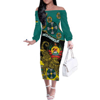 Personalised Mozambique Family Matching Off The Shoulder Long Sleeve Dress and Hawaiian Shirt African Elephant With Coat Of Arms - Wonder Print Shop