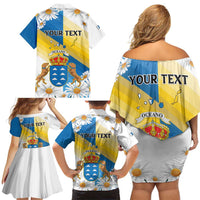 Personalized Islas Canarias Family Matching Off Shoulder Short Dress and Hawaiian Shirt Coat Of Arms With Argyranthemum Frutescens