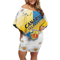 Personalized Islas Canarias Family Matching Off Shoulder Short Dress and Hawaiian Shirt Coat Of Arms With Argyranthemum Frutescens