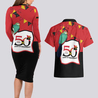 Happy Angola Couples Matching Long Sleeve Bodycon Dress and Hawaiian Shirt 50 Years of Independence - Wonder Print Shop
