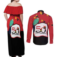 Happy Angola Couples Matching Off Shoulder Maxi Dress and Long Sleeve Button Shirt 50 Years of Independence - Wonder Print Shop
