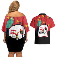 Happy Angola Couples Matching Off Shoulder Short Dress and Hawaiian Shirt 50 Years of Independence - Wonder Print Shop