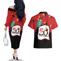 Happy Angola Couples Matching Off The Shoulder Long Sleeve Dress and Hawaiian Shirt 50 Years of Independence - Wonder Print Shop