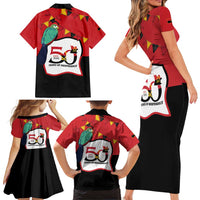 Happy Angola Family Matching Short Sleeve Bodycon Dress and Hawaiian Shirt 50 Years of Independence - Wonder Print Shop