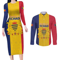 Personalized Chad Couples Matching Long Sleeve Bodycon Dress and Long Sleeve Button Shirt Coat Of Arms - Flag Style - Wonder Print Shop