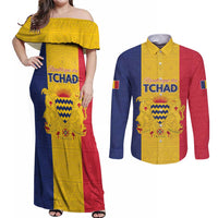 Personalized Chad Couples Matching Off Shoulder Maxi Dress and Long Sleeve Button Shirt Coat Of Arms - Flag Style - Wonder Print Shop