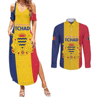 Personalized Chad Couples Matching Summer Maxi Dress and Long Sleeve Button Shirt Coat Of Arms - Flag Style - Wonder Print Shop