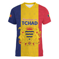 Personalized Chad Women V-Neck T-Shirt Coat Of Arms - Flag Style - Wonder Print Shop