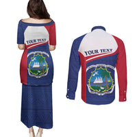 Personalised Liberia Couples Matching Puletasi and Long Sleeve Button Shirt Coat Of Arms - African Pattern - Wonder Print Shop