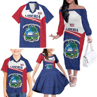 Personalised Liberia Family Matching Off The Shoulder Long Sleeve Dress and Hawaiian Shirt Coat Of Arms - African Pattern - Wonder Print Shop