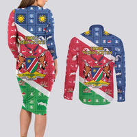 Namibia Christmas Couples Matching Long Sleeve Bodycon Dress and Long Sleeve Button Shirt Coat Of Arms Frohe Weihnachten - Wonder Print Shop