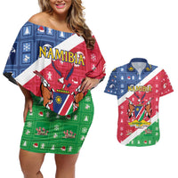 Namibia Christmas Couples Matching Off Shoulder Short Dress and Hawaiian Shirt Coat Of Arms Frohe Weihnachten - Wonder Print Shop