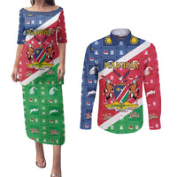 Namibia Christmas Couples Matching Puletasi and Long Sleeve Button Shirt Coat Of Arms Frohe Weihnachten - Wonder Print Shop