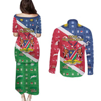 Namibia Christmas Couples Matching Puletasi and Long Sleeve Button Shirt Coat Of Arms Frohe Weihnachten - Wonder Print Shop