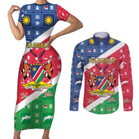 Namibia Christmas Couples Matching Short Sleeve Bodycon Dress and Long Sleeve Button Shirt Coat Of Arms Frohe Weihnachten - Wonder Print Shop