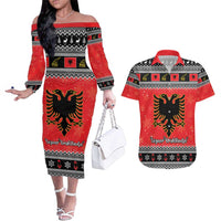 Albania Christmas Couples Matching Off The Shoulder Long Sleeve Dress and Hawaiian Shirt Albanian Eagle Gezuar Krishtlindja - Wonder Print Shop