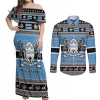 Botswana Christmas Couples Matching Off Shoulder Maxi Dress and Long Sleeve Button Shirt Coat Of Arms Muve neKisimusi - Wonder Print Shop