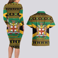 Jamaica Christmas Couples Matching Long Sleeve Bodycon Dress and Hawaiian Shirt Coat Of Arms Merri Crissmuss - Wonder Print Shop