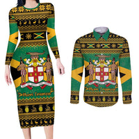 Jamaica Christmas Couples Matching Long Sleeve Bodycon Dress and Long Sleeve Button Shirt Coat Of Arms Merri Crissmuss - Wonder Print Shop