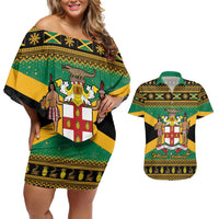 Jamaica Christmas Couples Matching Off Shoulder Short Dress and Hawaiian Shirt Coat Of Arms Merri Crissmuss - Wonder Print Shop