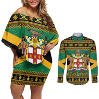 Jamaica Christmas Couples Matching Off Shoulder Short Dress and Long Sleeve Button Shirt Coat Of Arms Merri Crissmuss - Wonder Print Shop