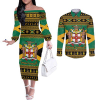 Jamaica Christmas Couples Matching Off The Shoulder Long Sleeve Dress and Long Sleeve Button Shirt Coat Of Arms Merri Crissmuss