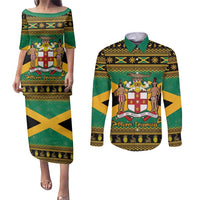 Jamaica Christmas Couples Matching Puletasi and Long Sleeve Button Shirt Coat Of Arms Merri Crissmuss - Wonder Print Shop