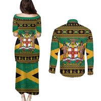 Jamaica Christmas Couples Matching Puletasi and Long Sleeve Button Shirt Coat Of Arms Merri Crissmuss - Wonder Print Shop