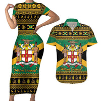 Jamaica Christmas Couples Matching Short Sleeve Bodycon Dress and Hawaiian Shirt Coat Of Arms Merri Crissmuss - Wonder Print Shop