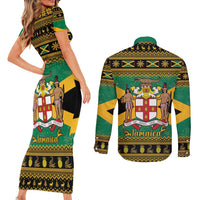 Jamaica Christmas Couples Matching Short Sleeve Bodycon Dress and Long Sleeve Button Shirt Coat Of Arms Merri Crissmuss - Wonder Print Shop