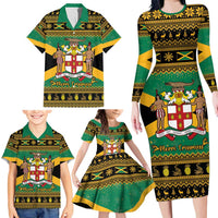Jamaica Christmas Family Matching Long Sleeve Bodycon Dress and Hawaiian Shirt Coat Of Arms Merri Crissmuss - Wonder Print Shop