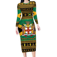 Jamaica Christmas Family Matching Long Sleeve Bodycon Dress and Hawaiian Shirt Coat Of Arms Merri Crissmuss - Wonder Print Shop