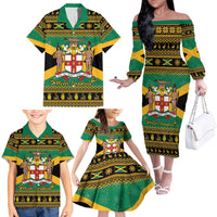 Jamaica Christmas Family Matching Off The Shoulder Long Sleeve Dress and Hawaiian Shirt Coat Of Arms Merri Crissmuss - Wonder Print Shop