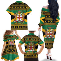 Jamaica Christmas Family Matching Off The Shoulder Long Sleeve Dress and Hawaiian Shirt Coat Of Arms Merri Crissmuss - Wonder Print Shop