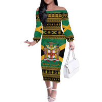Jamaica Christmas Family Matching Off The Shoulder Long Sleeve Dress and Hawaiian Shirt Coat Of Arms Merri Crissmuss - Wonder Print Shop