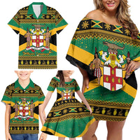 Jamaica Christmas Family Matching Off Shoulder Short Dress and Hawaiian Shirt Coat Of Arms Merri Crissmuss - Wonder Print Shop